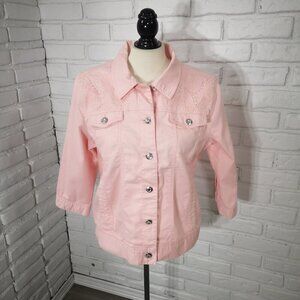 Sears Classic Ladies Size 12 Pink Button Front Embroidery & Sequins Denim Jacket